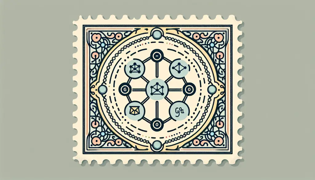 A decorative, vintage-style stamp with a central geometric pattern surrounded by intricate floral designs in pink and blue.